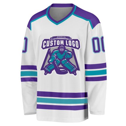 Customizable Purple Teal Hockey Jersey - Personalized Team Sports Jersey Personalized White Purple-Teal Hockey Jersey
