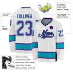 Custom Name and Number Hockey Jersey Personalized in White Purple Teal - Team Apparel Personalized White Purple-Teal Hockey