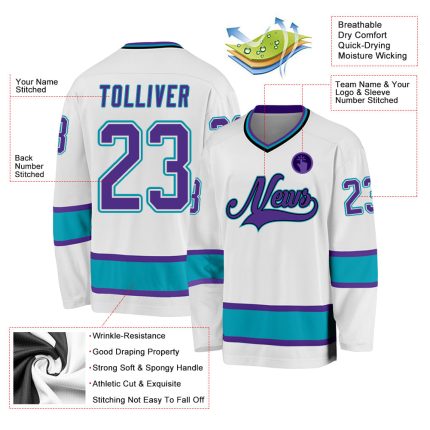 Custom Name and Number Hockey Jersey Personalized in White Purple Teal - Team Apparel Personalized White Purple-Teal Hockey