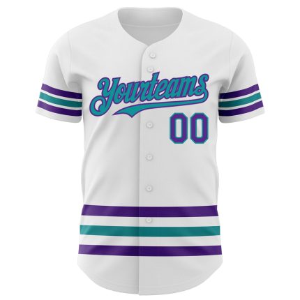 Custom Name and Number Authentic Baseball Jersey - White Purple Teal Design, Personalized Team Apparel Personalized White