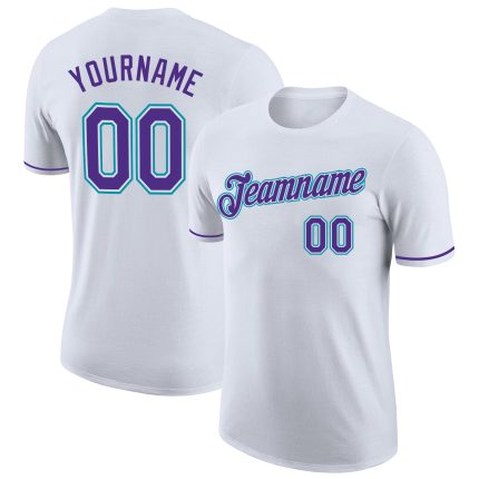 Custom Team Name Number Performance T-Shirt - Personalized White Purple Teal Design Personalized White Purple-Teal Performance