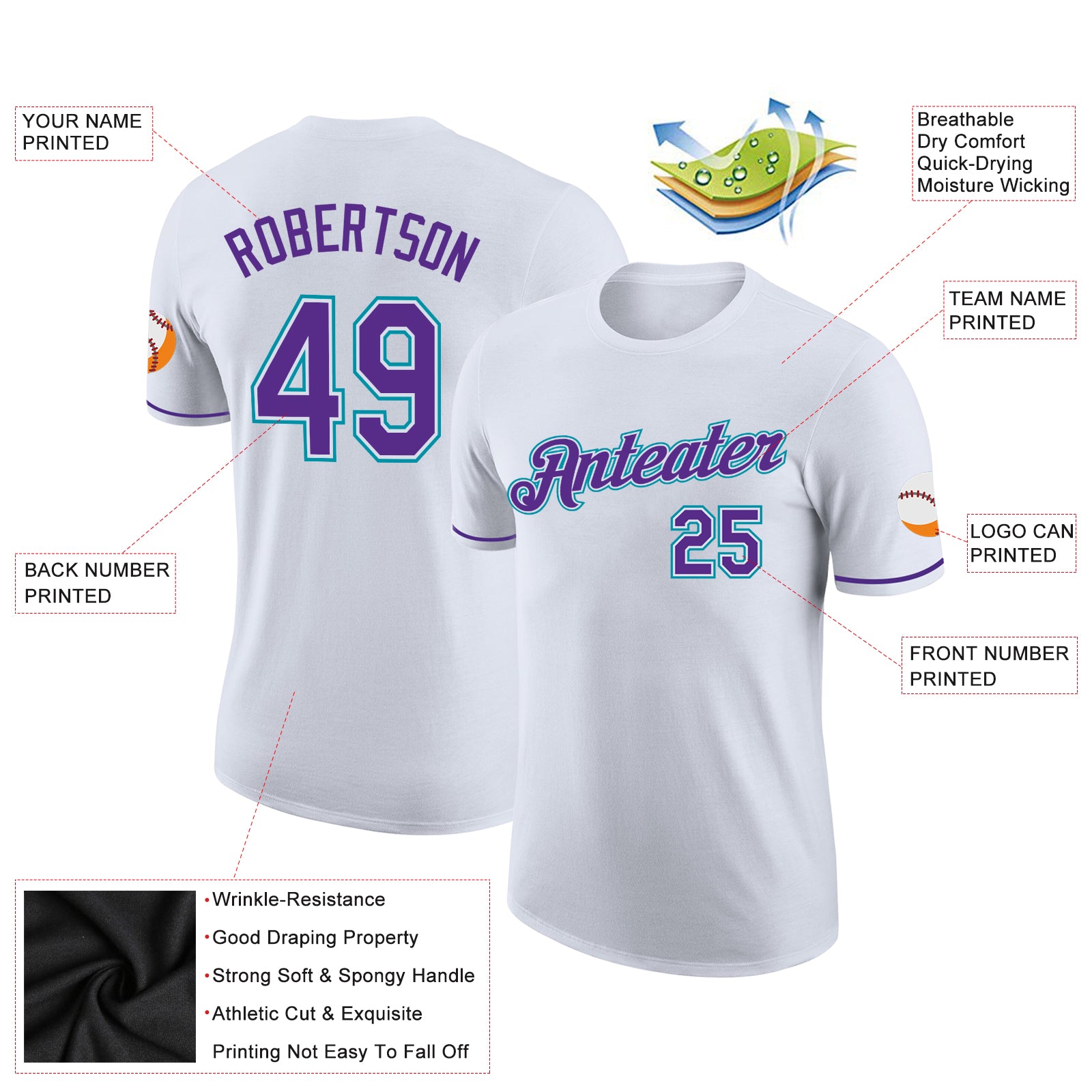 Personalized White Purple-Teal Performance T-Shirt Team Custom Name and Number Custom Team Name Number Performance T-Shirt - Personalized White Purple Teal Design Personalized White Purple-Teal Performance - Image 2