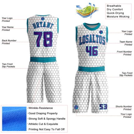 Custom Basketball Jersey with Name and Number - Personalized Sublimation Round Neck in White Purple-Teal Personalized White