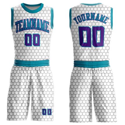 Custom Basketball Jersey with Name and Number - Personalized Sublimation Round Neck in White Purple-Teal Personalized White