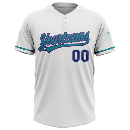 Custom Name and Number Softball Jersey Unisex Personalized White Purple-Teal Two-Button Design Personalized White Purple-Teal