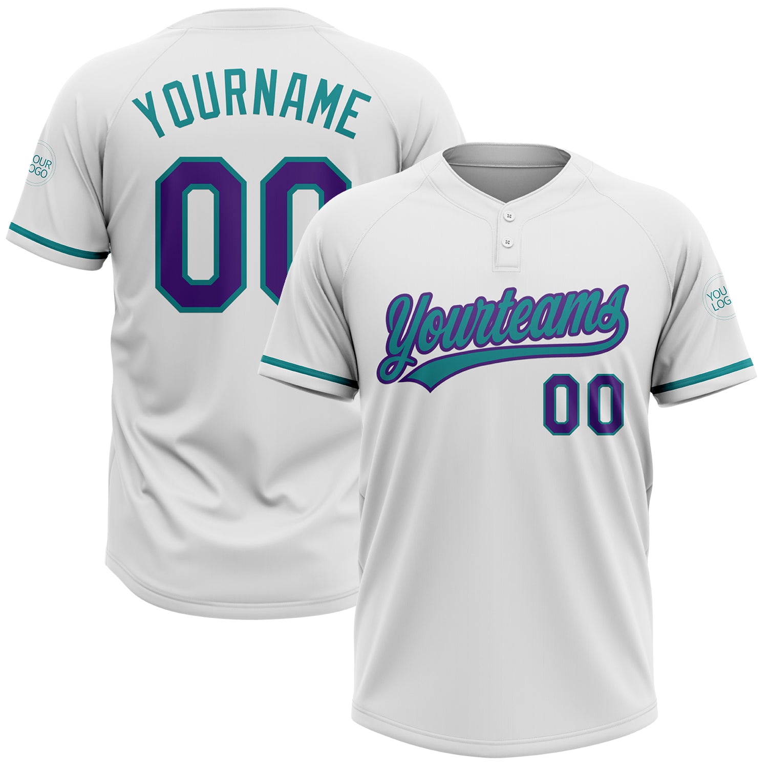 Custom Name and Number Softball Jersey Unisex Personalized White Purple-Teal Two-Button Design Personalized White Purple-Teal