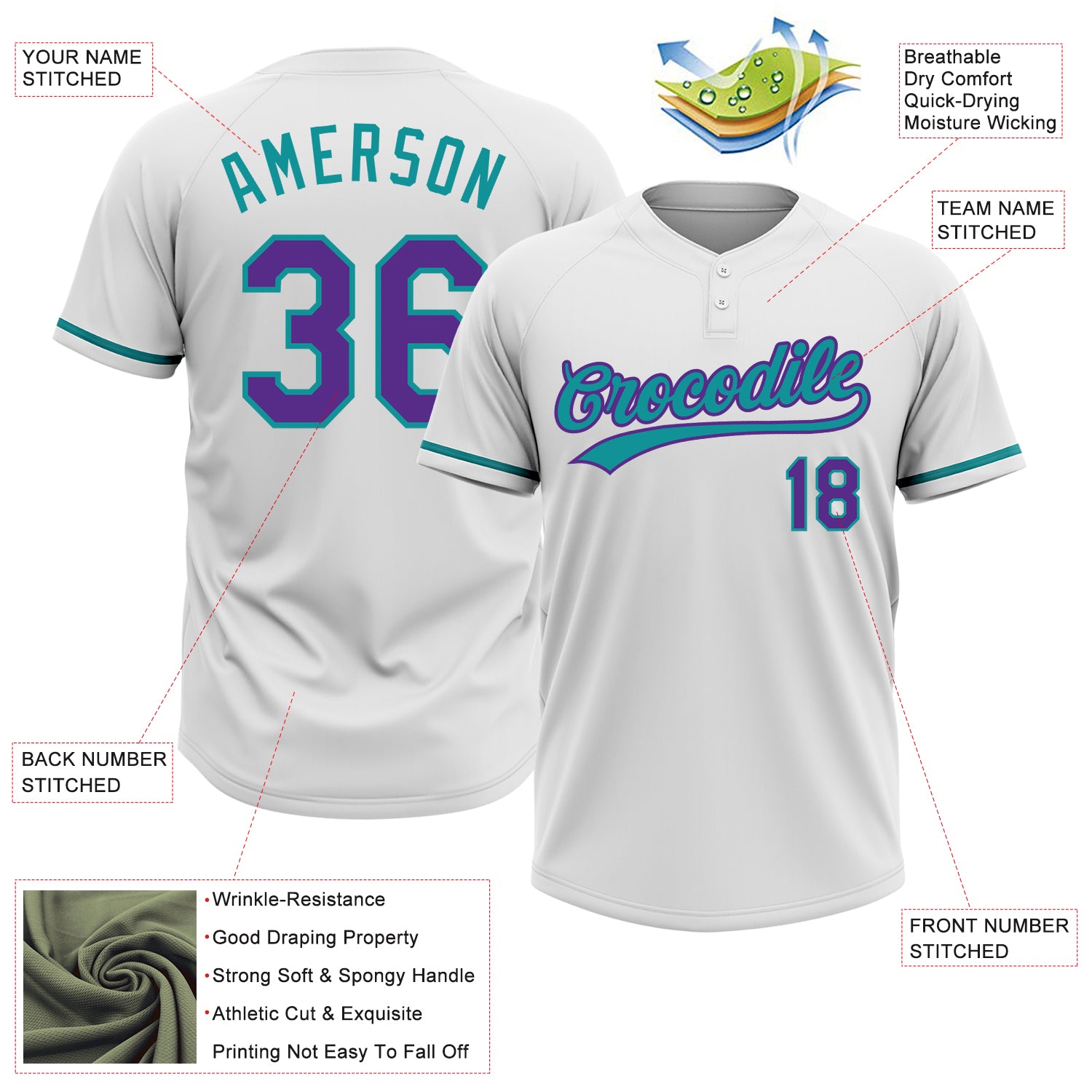 Personalized White Purple-Teal Two-Button Unisex Softball Jersey Team Custom Name and Number Custom Name and Number Softball Jersey Unisex Personalized White Purple-Teal Two-Button Design Personalized White Purple-Teal - Image 3