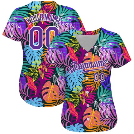 Customizable Hawaii Palm Trees Baseball Jersey with 3D Pattern Design - Personalized Name & Number in White and Purple Personalized