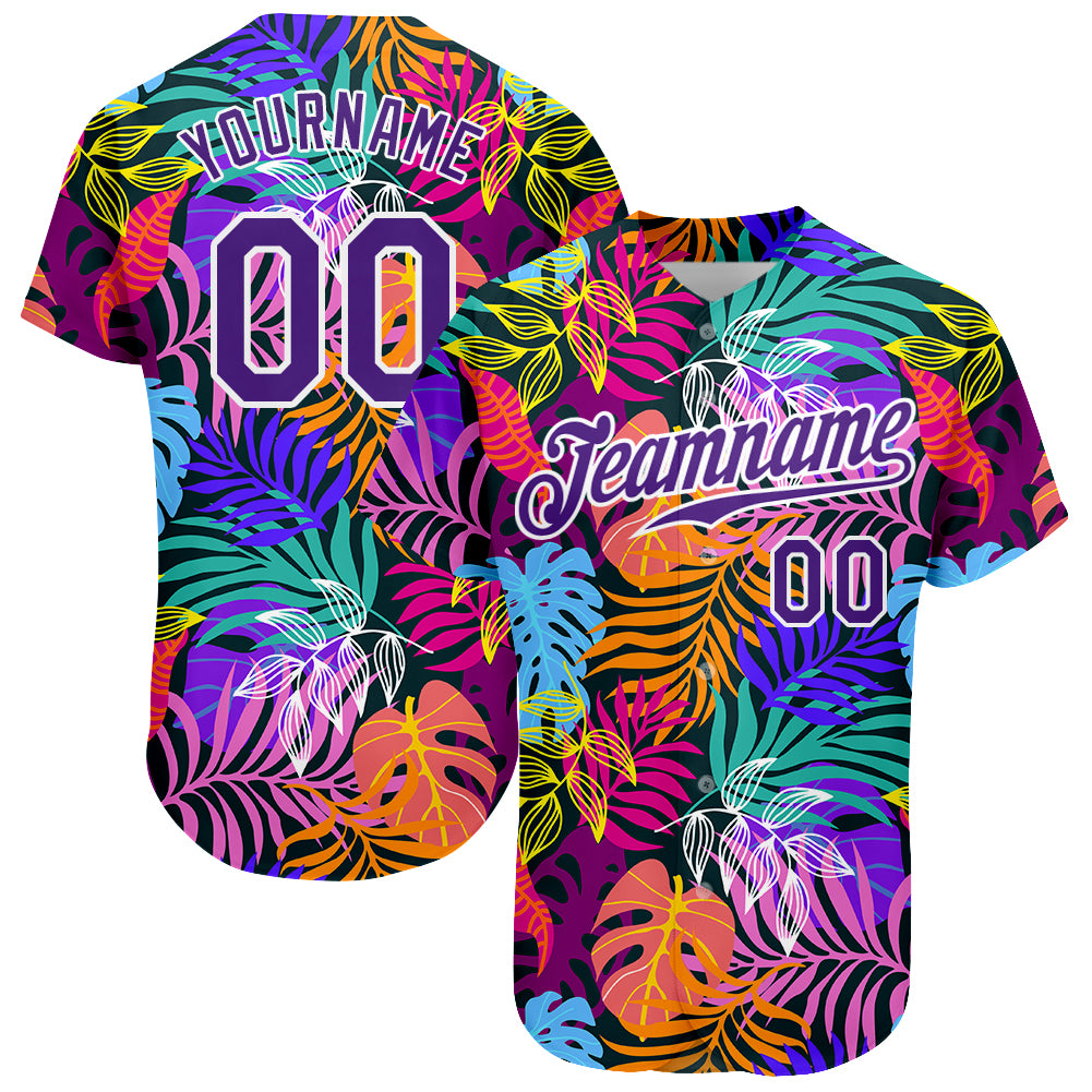 Customizable Hawaii Palm Trees Baseball Jersey with 3D Pattern Design - Personalized Name & Number in White and Purple Personalized