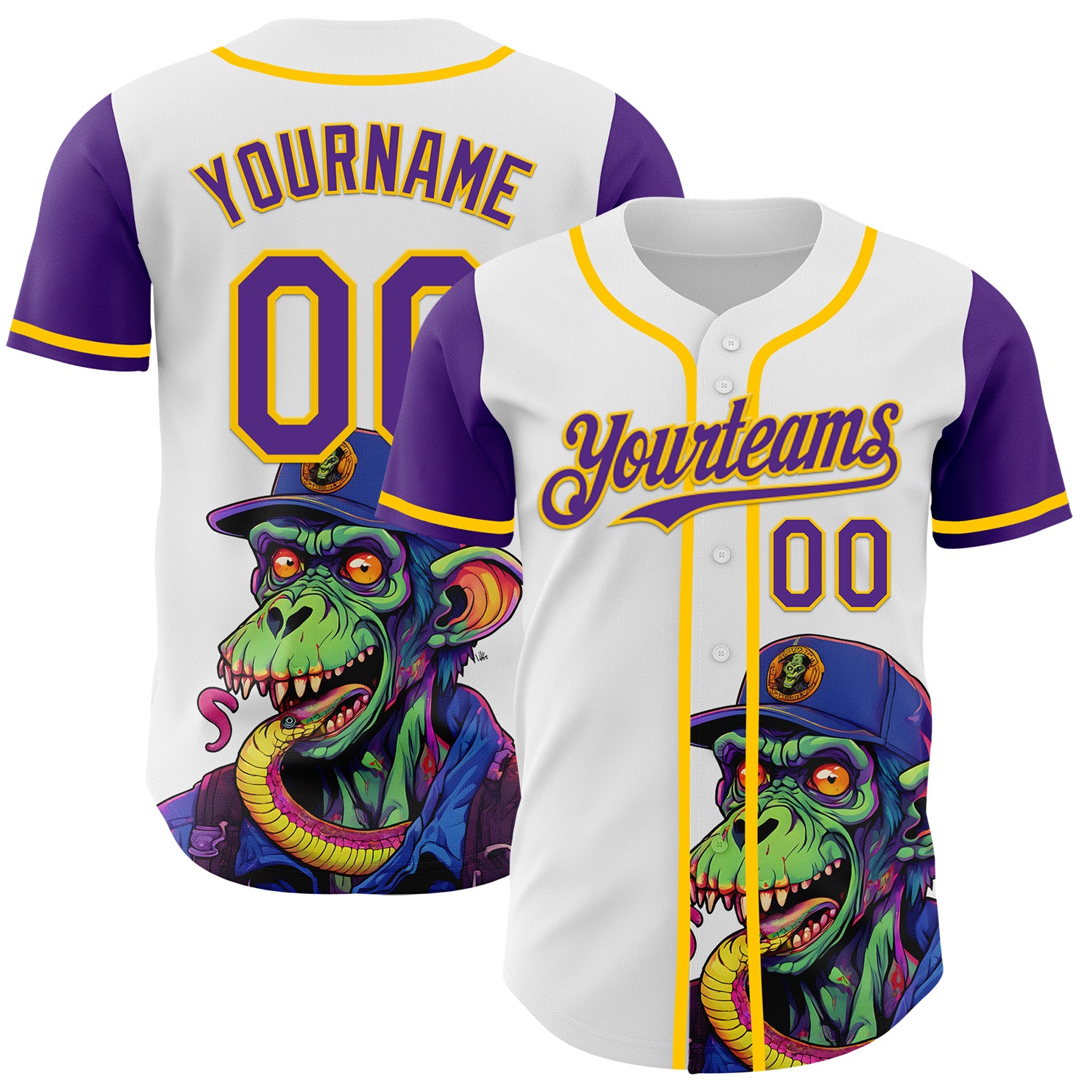Custom Name Number Baseball Jersey - Personalized Rave Monster 3D Pattern in White Purple-Yellow Personalized White Purple-Yellow