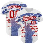 Custom Name and Number 3D American Flag Baseball Jersey with Statue of Liberty - Personalized White and Red Team Apparel