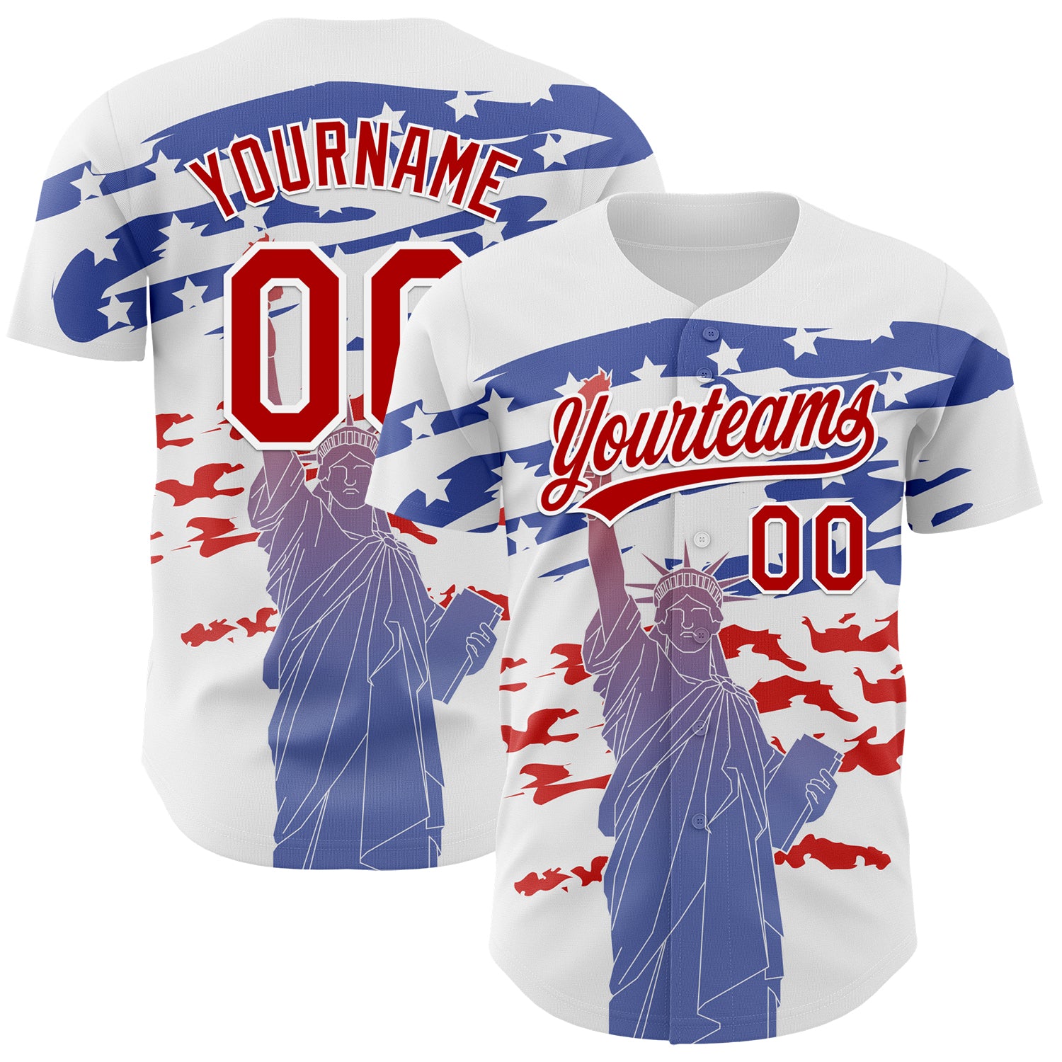 Custom Name and Number 3D American Flag Baseball Jersey with Statue of Liberty - Personalized White and Red Team Apparel