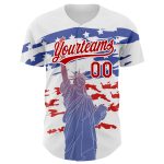 Custom Name and Number 3D American Flag Baseball Jersey with Statue of Liberty - Personalized White and Red Team Apparel