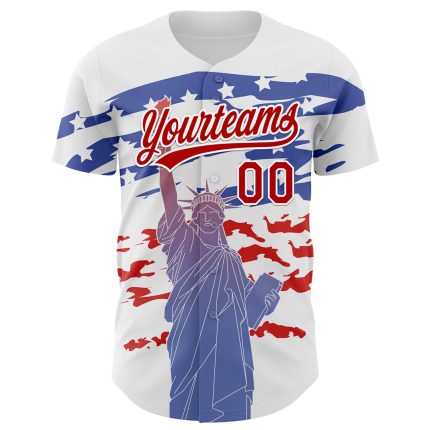 Custom Name and Number 3D American Flag Baseball Jersey with Statue of Liberty - Personalized White and Red Team Apparel