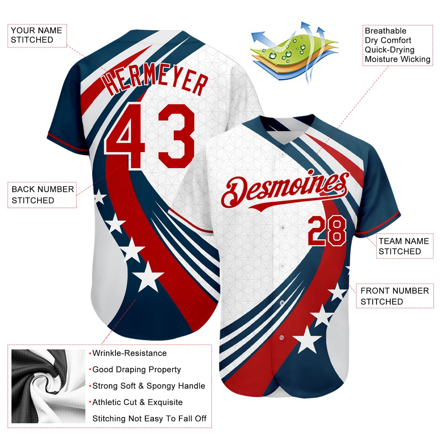 Personalized White Red 3D American Flag Authentic Baseball Jersey Team Custom Name and Number Custom American Flag Baseball Jersey - Personalized Red & White Team Name & Number Personalized White Red 3D American Flag - Image 3