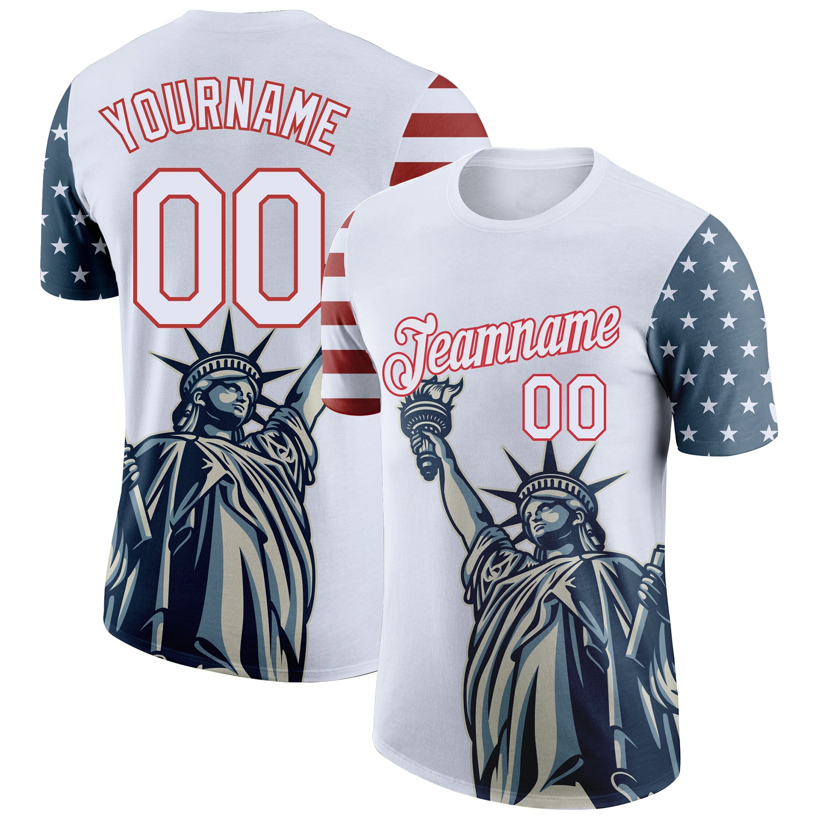 Custom Name Number Performance T-Shirt - 3D American Flag Statue of Liberty, Patriotic Design in White Red Color Personalized