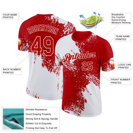 Custom Name and Number Performance T-Shirt with 3D Abstract Brush Stroke Design in White and Red Personalized White Red 3D