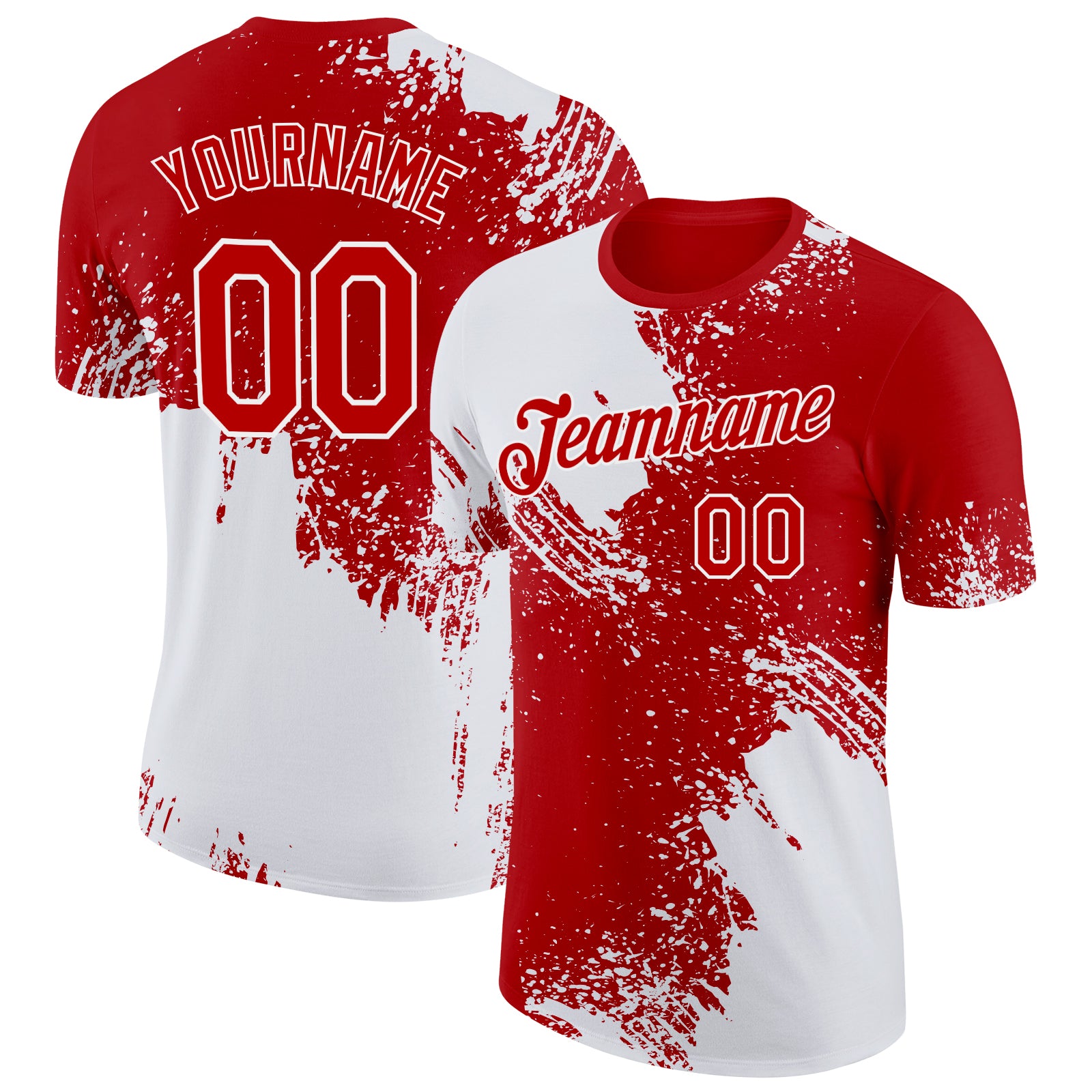 Custom Name and Number Performance T-Shirt with 3D Abstract Brush Stroke Design in White and Red Personalized White Red 3D