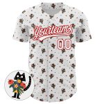 Customizable Animal Cat Baseball Jersey with 3D White and Red Pattern - Personalized Team Name and Number Personalized White
