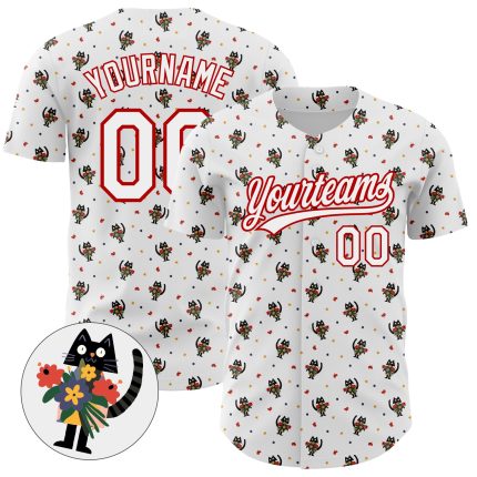 Customizable Animal Cat Baseball Jersey with 3D White and Red Pattern - Personalized Team Name and Number Personalized White