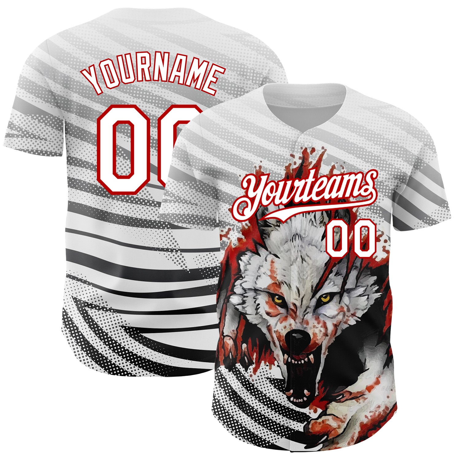 Personalized 3D Wolf Pattern Baseball Jersey - Custom Name and Number, Authentic Team Apparel Personalized White Red 3D Pattern