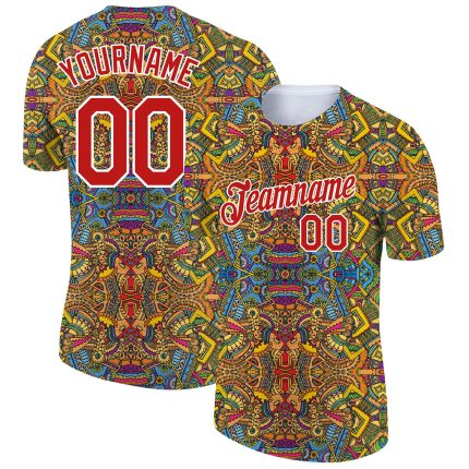 Custom Name and Number Boho Style Performance T-Shirt with Personalized 3D White Red Pattern Design Personalized White Red