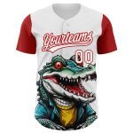Custom Cartoon Crocodile Baseball Jersey with 3D White Red Pattern - Personalized Name and Number Personalized White Red
