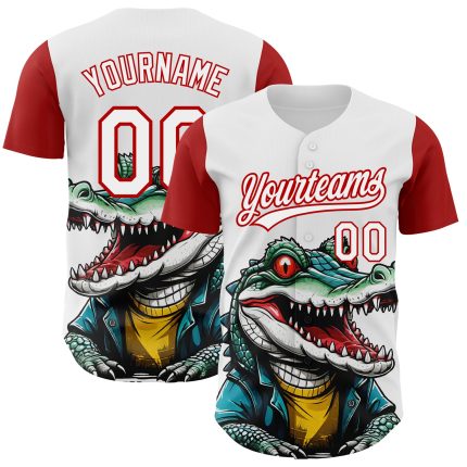 Custom Cartoon Crocodile Baseball Jersey with 3D White Red Pattern - Personalized Name and Number Personalized White Red