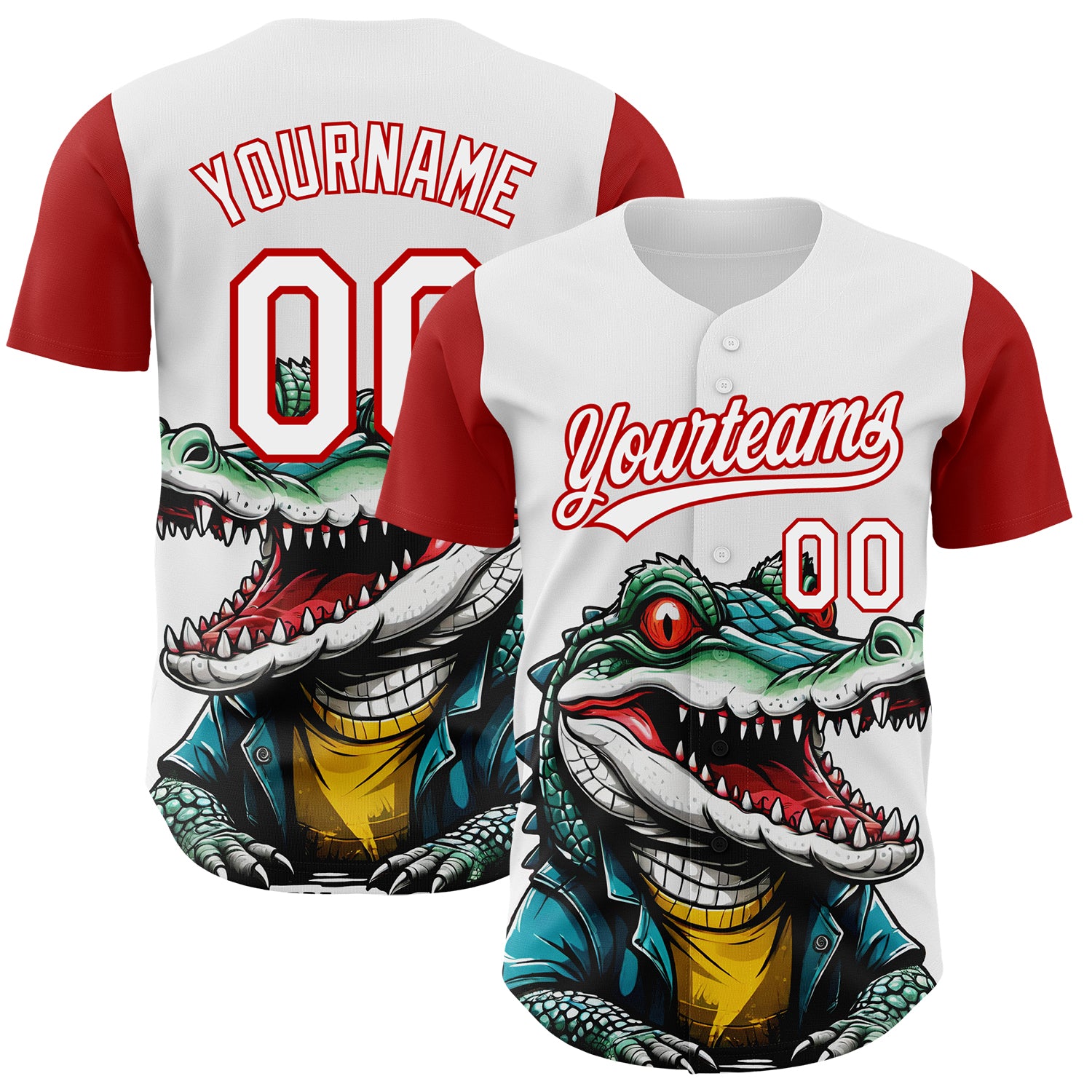 Custom Cartoon Crocodile Baseball Jersey with 3D White Red Pattern - Personalized Name and Number Personalized White Red