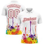 Custom Name and Number Colorful Bright Ink Splashes 3D Pattern Performance Golf Polo Shirt - Personalized White Red Design