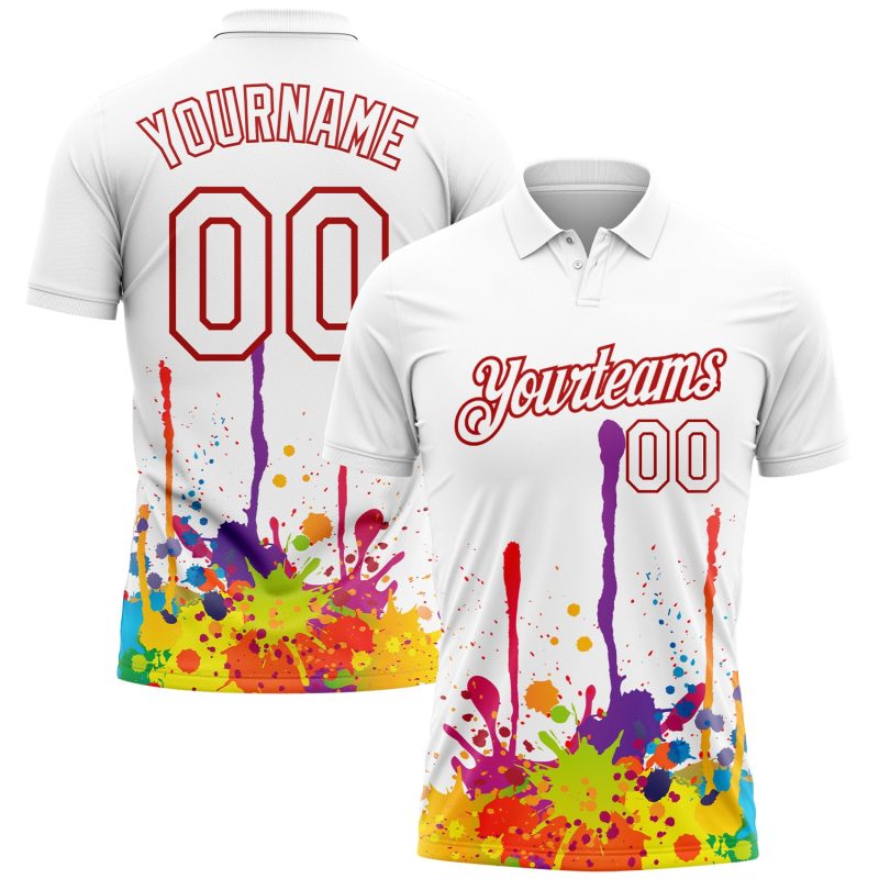 Custom Name and Number Colorful Bright Ink Splashes 3D Pattern Performance Golf Polo Shirt - Personalized White Red Design