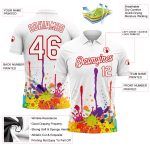 Custom Name and Number Colorful Bright Ink Splashes 3D Pattern Performance Golf Polo Shirt - Personalized White Red Design
