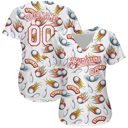 Custom Firely Bowling Jersey with Personalized Name and Number, White Red 3D Pattern Authentic Baseball Design Personalized