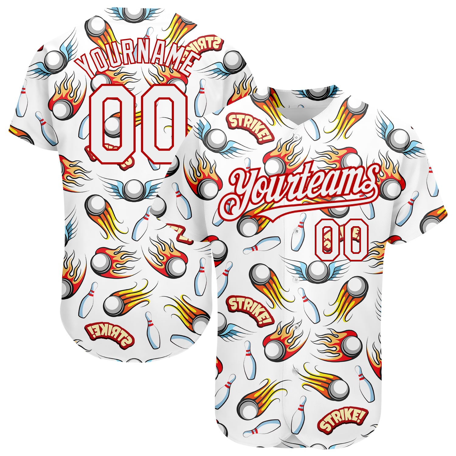 Custom Firely Bowling Jersey with Personalized Name and Number, White Red 3D Pattern Authentic Baseball Design Personalized