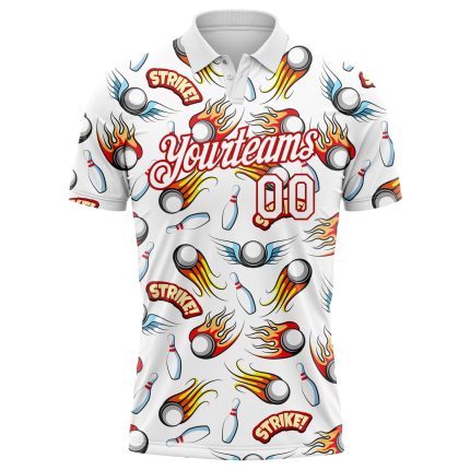 Custom Name and Number Firefly Bowling Polo Shirt with Personalized 3D Red White Pattern Design Personalized White Red 3D