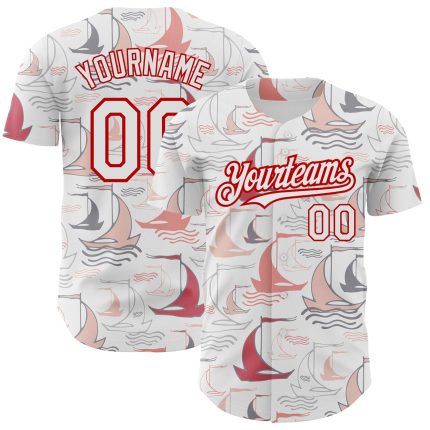 3D Pattern Sailing Boats Personalized Baseball Jersey Custom Name & Number, Authentic Team Apparel Personalized White Red