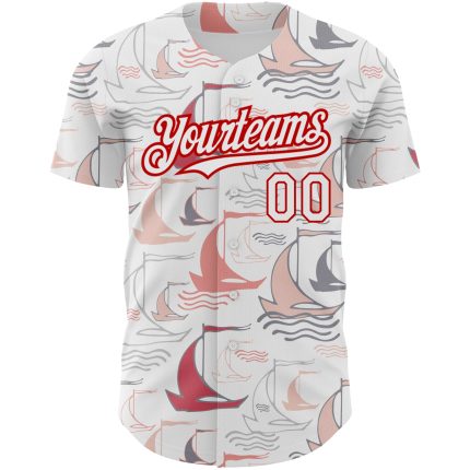 3D Pattern Sailing Boats Personalized Baseball Jersey Custom Name & Number, Authentic Team Apparel Personalized White Red