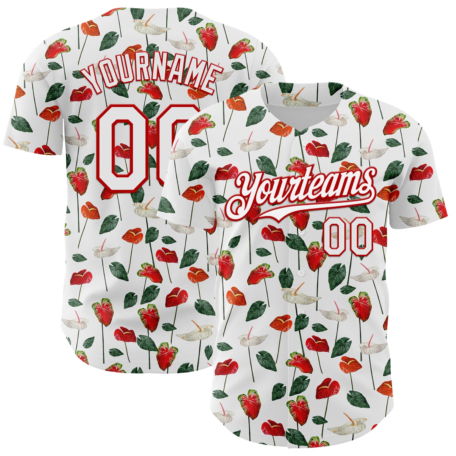 Personalized Tropical Anthurium Flower Baseball Jersey - White Red 3D Pattern Design Personalized White Red 3D Pattern Design