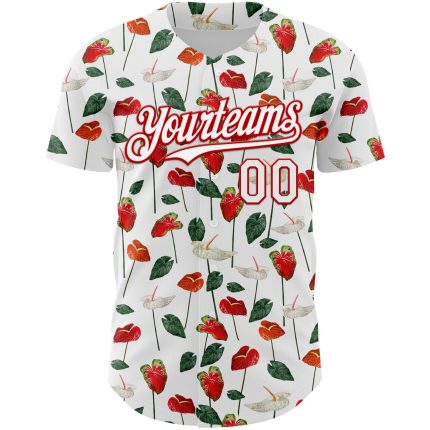 Personalized Tropical Anthurium Flower Baseball Jersey - White Red 3D Pattern Design Personalized White Red 3D Pattern Design