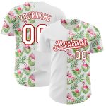 Custom Name Number Baseball Jersey with 3D Tropical Hawaii Palm Leaves Flamingo Design - Personalized White Red Team Apparel