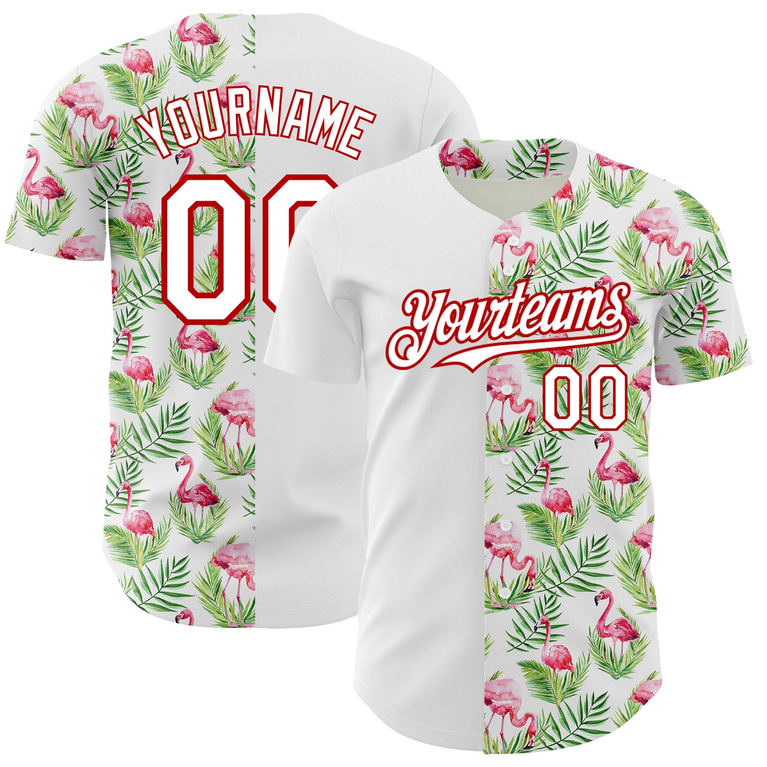 Custom Name Number Baseball Jersey with 3D Tropical Hawaii Palm Leaves Flamingo Design - Personalized White Red Team Apparel