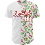 Custom Name Number Baseball Jersey with 3D Tropical Hawaii Palm Leaves Flamingo Design - Personalized White Red Team Apparel