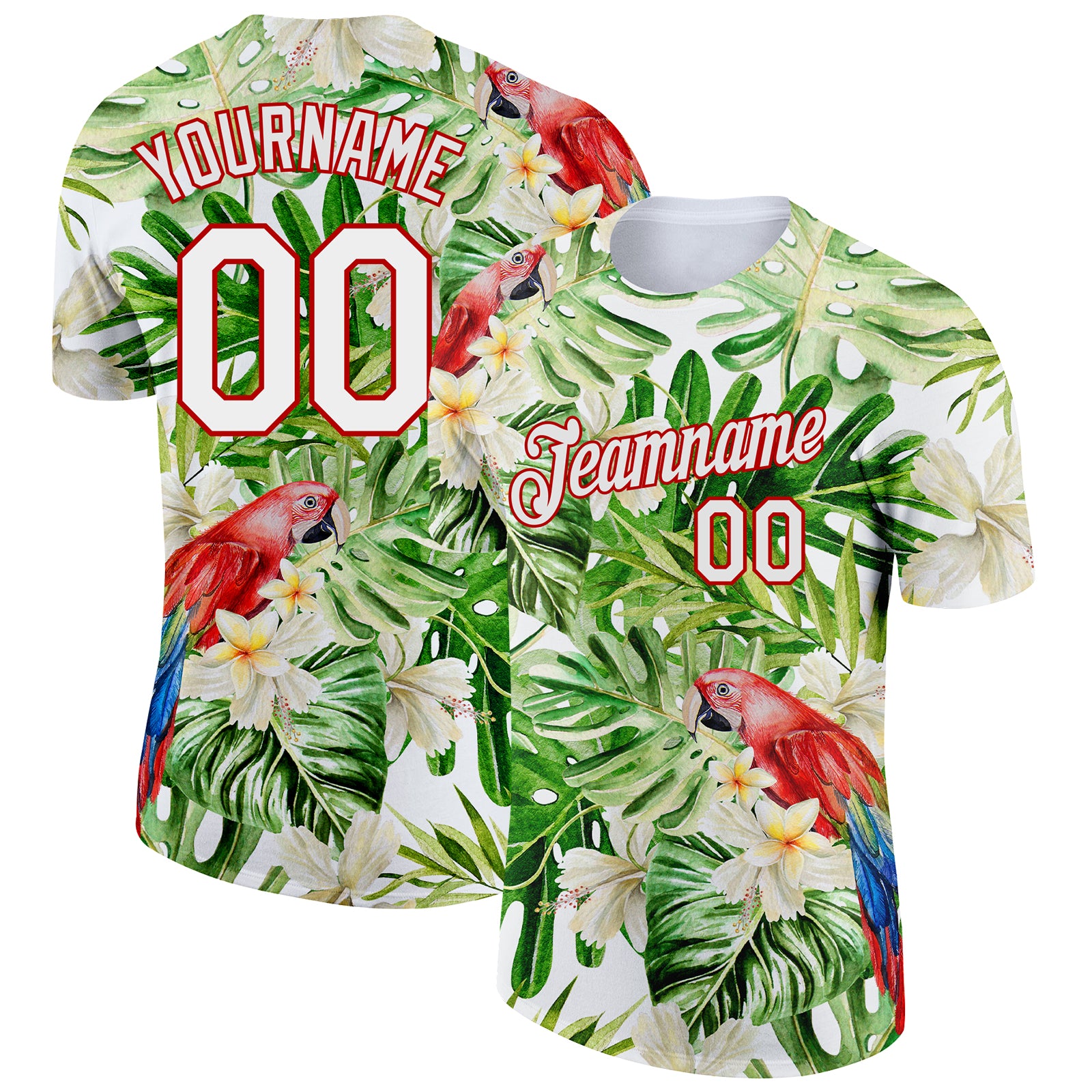 Custom Name and Number Tropical Hawaii Plant with Bird 3D Pattern Performance T-Shirt - Personalized Red and White Design