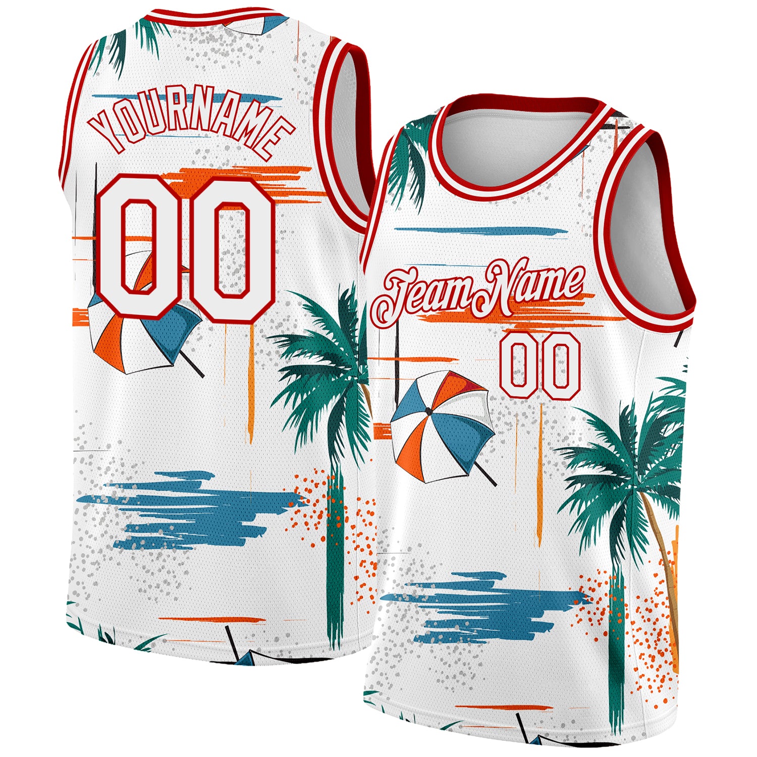 Custom Name Number Tropical Beach Palm Trees 3D Pattern Basketball Jersey Authentic White Red Outfit Personalized White Red