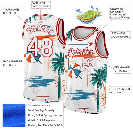 Custom Name Number Tropical Beach Palm Trees 3D Pattern Basketball Jersey Authentic White Red Outfit Personalized White Red