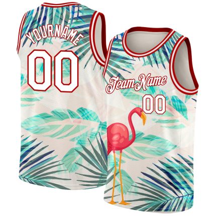 Personalized Tropical Hawaii Flamingo Basketball Jersey Custom Name Number 3D White Red Leaves Design Personalized White