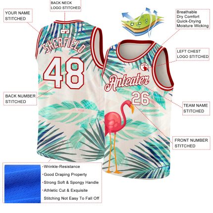 Personalized Tropical Hawaii Flamingo Basketball Jersey Custom Name Number 3D White Red Leaves Design Personalized White