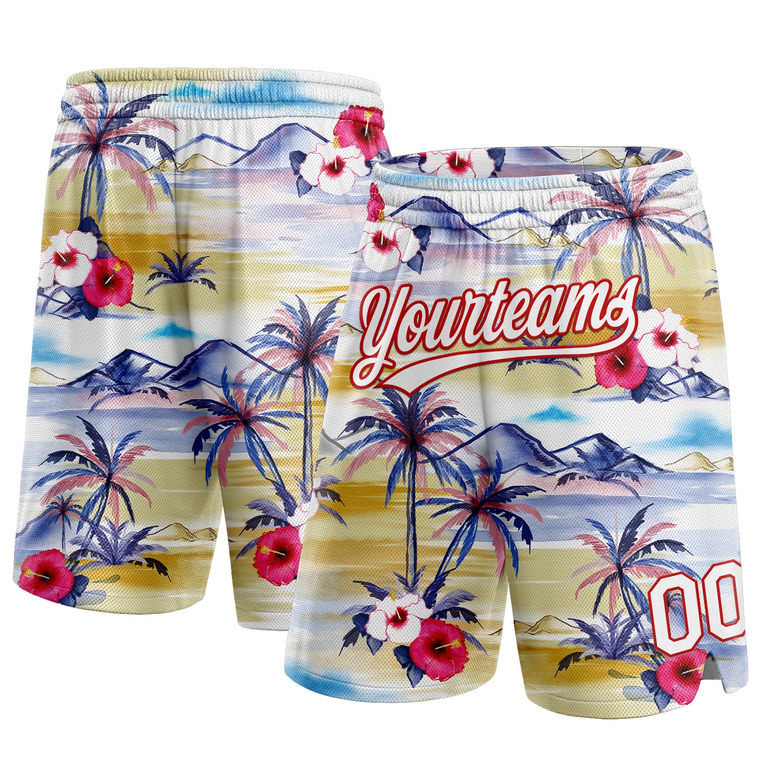 Custom Name Number Tropical Hawaii Palm Trees Basketball Shorts 3D Pattern Red White Authentic Personalized White Red 3D