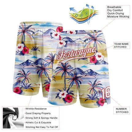 Custom Name Number Tropical Hawaii Palm Trees Basketball Shorts 3D Pattern Red White Authentic Personalized White Red 3D