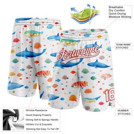 Custom 3D Pattern Whale Fish Basketball Shorts with Name Number - Personalized White Red Team Apparel Personalized White